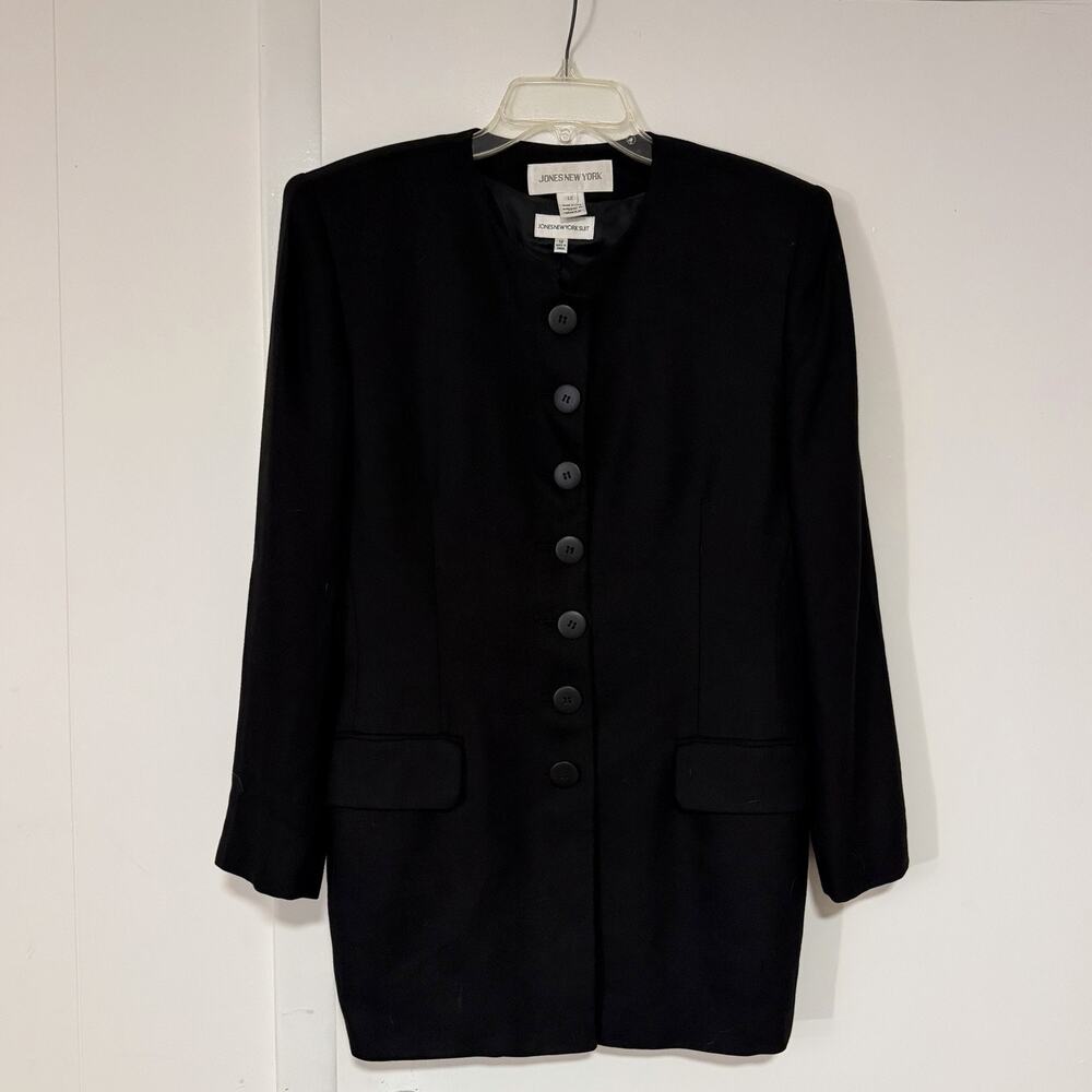 Vintage Jones New York Black Longline Blazer Womens 12 Rayon USA Collarless
